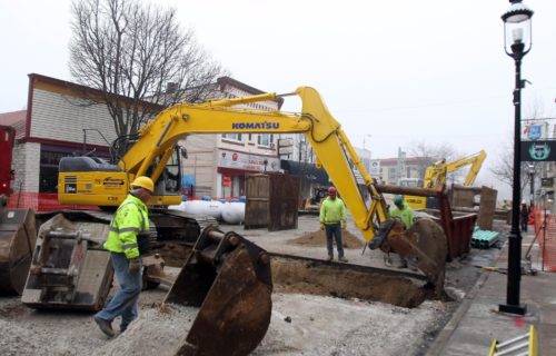 Construction crews begin work on West Main Street in Downtown Waukesha Tuesday, March 10, 2015. The road is closed to traffic but there is access to the businesses that line the construction project between Clinton Street and West Avenue.